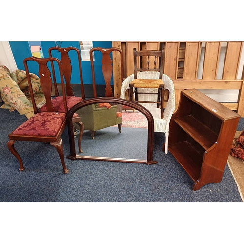 5058 - SMALL MAHOGANY OPEN BOOKCASE, WICKER ARMCHAIR, ETC