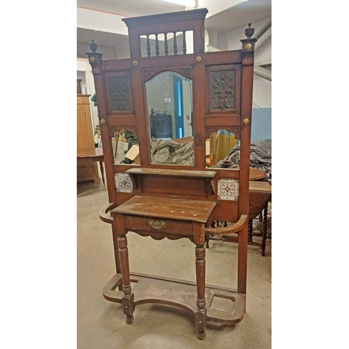 5060 - LATE 19TH CENTURY OAK MIRROR BACK HALL STAND WITH DECORATIVE TILE INSETS & SINGLE DRAWER. 210 CM TAL... 