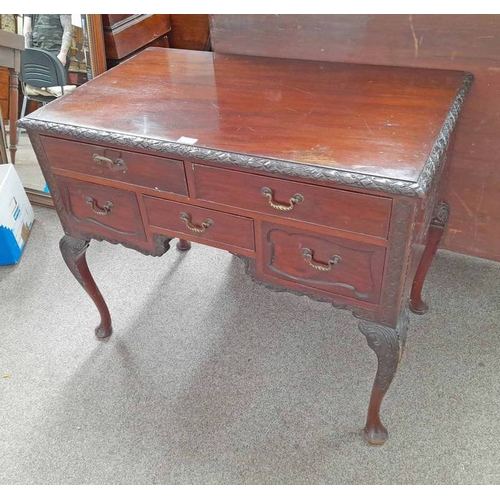 5121 - 19TH CENTURY MAHOGANY LOWBOY WITH DECORATIVE CARVED BORDER, 2 LONG, 1 SHORT & 2 DEEP DRAWERS ON DECO... 