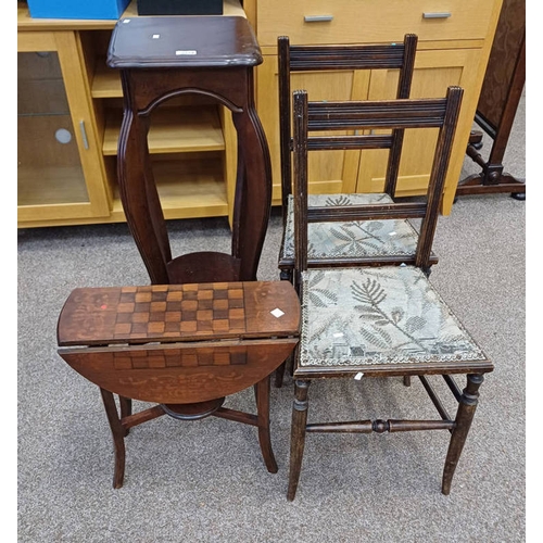 5154 - SUTHERLAND TABLE WITH PAINTED CHESS BOARD TOP, 2 MAHOGANY HAND CHAIRS, ETC