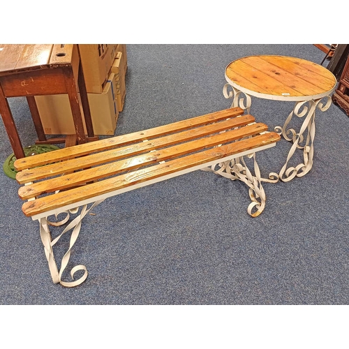 5159 - PAINTED DECORATIVE WROUGHT METAL GARDEN BENCH & MATCHING CIRCULAR TABLE, DIAMETER OF TABLE 62CM