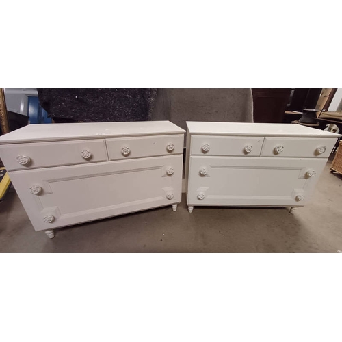 5160 - 2 PAINTED CABINETS WITH 2 DRAWERS OVER FALL FRONT PANEL DOOR ON TURNED SUPPORTS