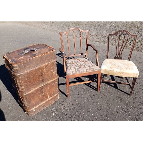 5184 - 19TH CENTURY MAHOGANY OPEN ARMCHAIR & 1 OTHER CHAIR, & WOOD BOUND TRAVEL TRUNK