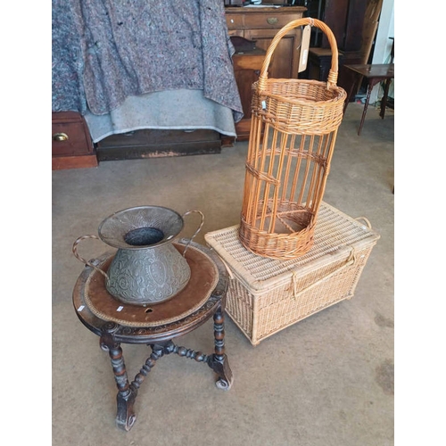 5212 - EMBOSSED COPPER POT WITH MASK DECORATION & DECORATIVE TWIST HANDLES, WICKER LIDDED BASKET, ETC