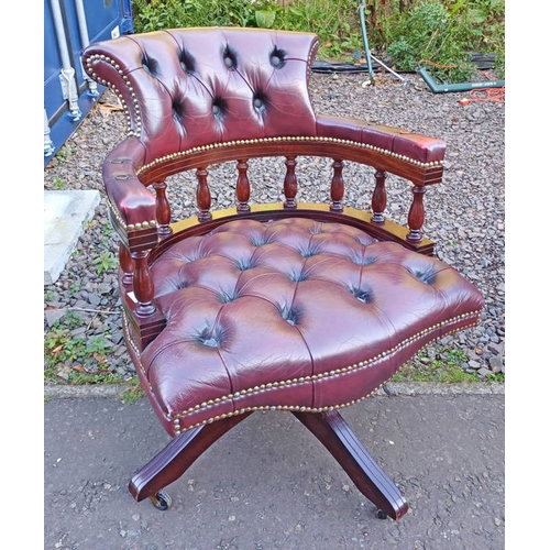 5213 - MAHOGANY FRAMED BUTTONED RED LEATHER SWIVEL DESK CHAIR ON 4 SPREADING SUPPORTS