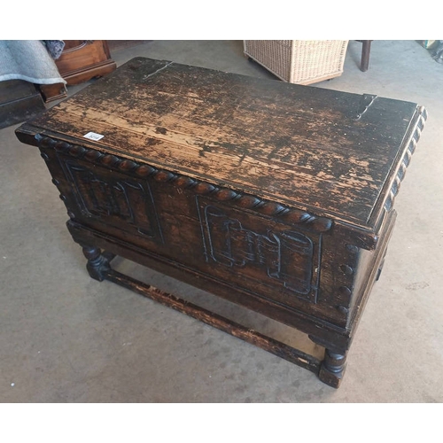 5216 - 19TH CENTURY OAK & PINE BOX WITH LIFT-LID TOP & LINEN FOLD CARVED PANEL FRONT ON TURNED SUPPORTS, 52... 