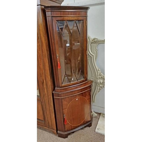 5218 - INLAID MAHOGANY CORNER CABINET WITH SINGLE ASTRAGAL GLASS PANEL DOOR OVER PANEL DOOR, 183CM TALL