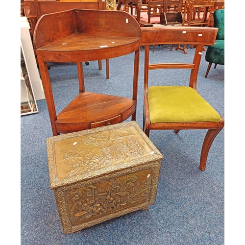 5219 - 19TH CENTURY MAHOGANY CORNER WASHSTAND WITH SINGLE DRAWER, MAHOGANY DINING CHAIR ON SABRE SUPPORTS, ... 