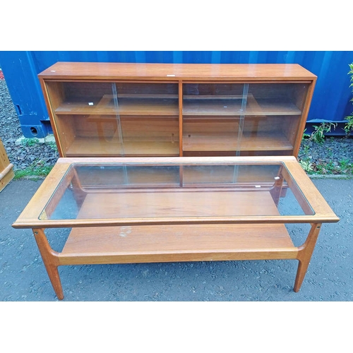 5234 - TEAK BOOKCASE WITH 4 SLIDING GLASS PANEL DOORS & TEAK COFFEE TABLE WITH GLASS INSET TOP