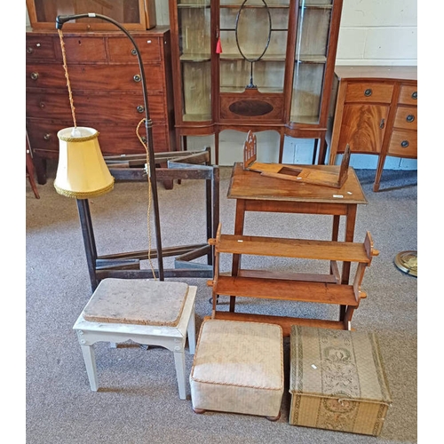 5464 - 20TH CENTURY METAL ADJUSTABLE STANDARD LAMP WITH DECORATIVE CIRCULAR BASE, OAK BOOKSHELF, 2 STOOLS, ... 