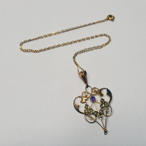 58 - 9CT GOLD ART NOUVEAU PEARL & AMETHYST PENDANT ON A 9CT GOLD CHAIN - 2.4G