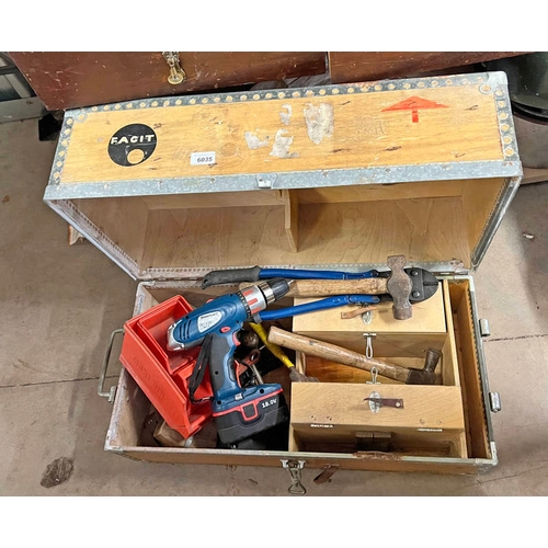 6035 - TOOL BOX WITH CONTENTS OF TOOLS TO INCLUDE HATCHET, BOLT CUTTERS, HAMMERS ETC