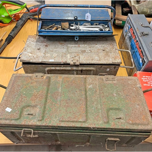 6039 - TWO TOOL BOXES AND AN AMMO TIN WITH CONTENTS OF VARIOUS VINTAGE TOOLS ETC.