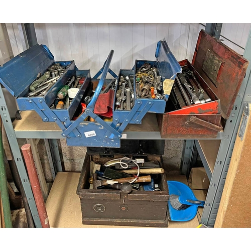 6054 - 3 TOOL BOXES WITH CONTENTS OF VARIOUS TOOLS TO INCLUDE BRITOOL, SPANNERS, HAMMERS ETC.