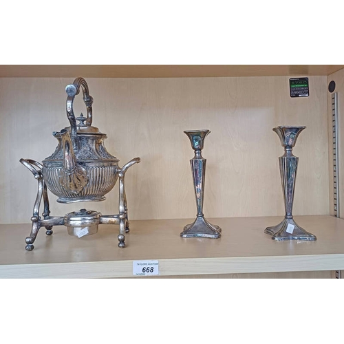 668 - SILVER PLATED SPIRIT KETTLE & PAIR SILVER PLATED CANDLESTICKS