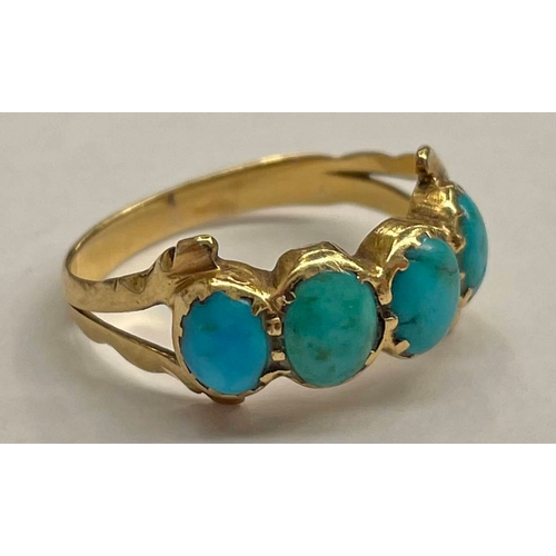 136 - 19TH CENTURY TURQUOISE 4-STONE SET RING IN DECORATIVE SETTING