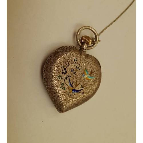 254 - 935 SILVER HEART SHAPED FOB WATCH, THE REVERSE WITH ENAMEL BIRD DECORATION - 3 CM WIDE