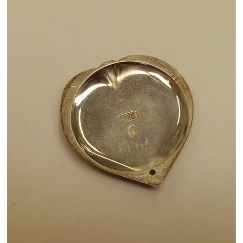 254 - 935 SILVER HEART SHAPED FOB WATCH, THE REVERSE WITH ENAMEL BIRD DECORATION - 3 CM WIDE