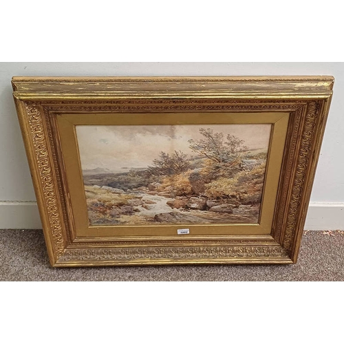 1002 - FD WIDGERY 'A MOORLAND RIVER' SIGNED, LABEL TO REVERSE GILT FRAMED WATERCOLOUR 37 CM X 54 CM