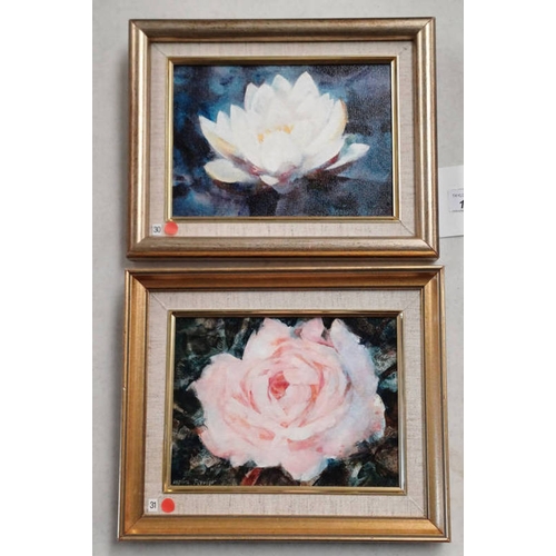 1003 - MOIRA FERRIER,  PINK ROSE & WHITE WATER LILY,  BOTH SIGNED,  2 GILT FRAMED ACRYLIC ON BOARD,  14 X 2... 