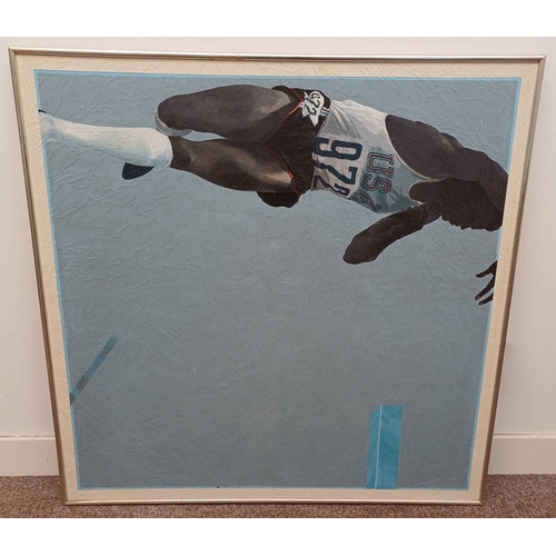 1008 - JOHN CRAWFORD - (ARR), 'POLE VAULT' LABEL TO REVERSE FRAMED OIL ON CANVAS 122 CM X 122 CM