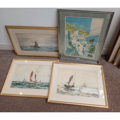 1009 - 'MEDITERRANEAN VILLAGE SCENE', SIGNED AND 3 FRAMED WATERCOLOUR OF FISHING BOATS BY ARTHUR DEAS