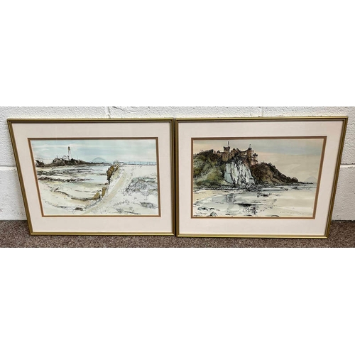 1012 - JAMES HARRIGAN,   CULZEAN CASTLE & LIGHTHOUSE AT TURNBERRY,  SIGNED PAIR OF FRAMED WATERCOLOURS 26 X... 