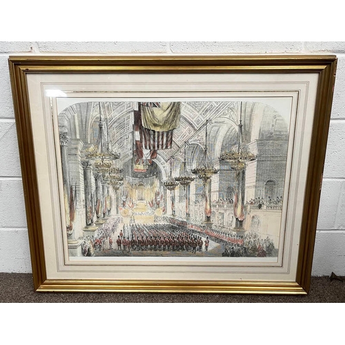 1014 - GILT FRAMED PRINT OF MILITARY PARADE IN A CATHEDRAL, 59 X 81 CM