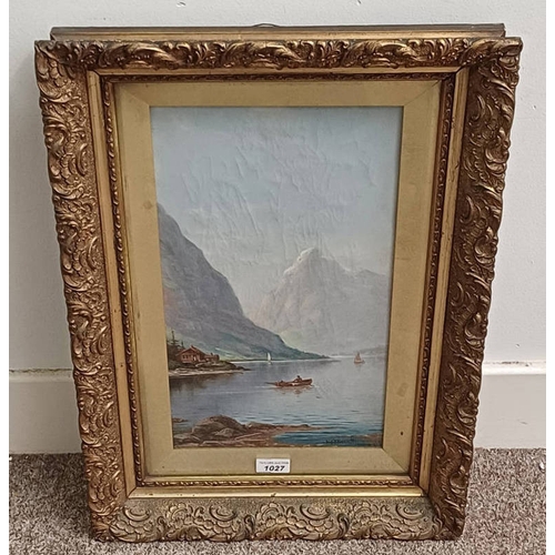 1027 - NIELS HANS CHRISTIANSEN 'SAILING IN MOUNTAIN LAKE' SIGNED GILT FRAMED OIL ON CANVAS 43 CM X 23 CM