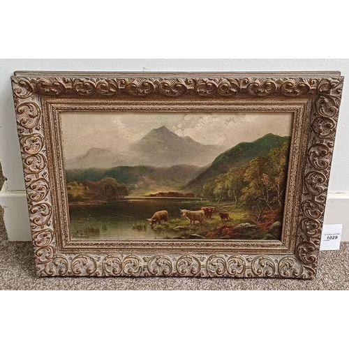 1029 - A TAYLOR 'CATTLE AT RIVERS EDGE' SIGNED GILT FRAMED OIL ON CANVAS 30 CM X 45 CM