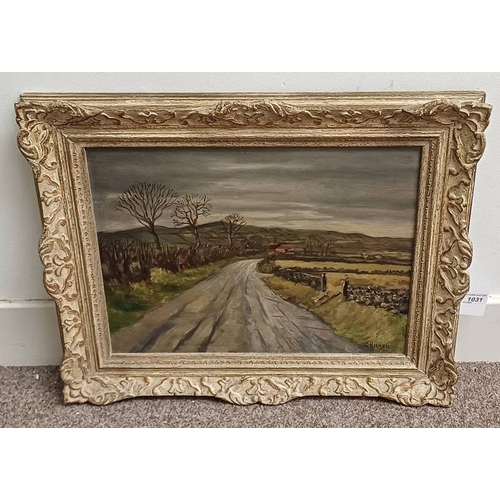 1031 - CECIL HARVEY 'COUNTRY ROAD' SIGNED, LABEL TO REVERSE GILT FRAMED OIL ON BOARD 37 CM X 47 CM