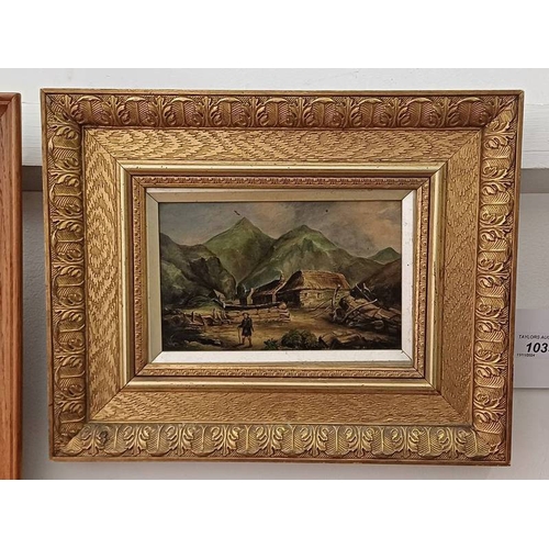 1035 - 19TH CENTURY GILT FRAMED OIL ON CANVAS OF A FIGURE HIKING IN GLENCOE, SIGNED INDISTINCTLY, 12 CM X 1... 