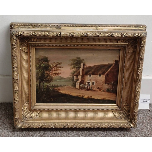 1037 - 19TH CENTURY GILT FRAMED OIL PAINTING ON BOARD OF FIGURE ON HORSEBACK VISITING AN INN OR PUB, UNSIGN... 