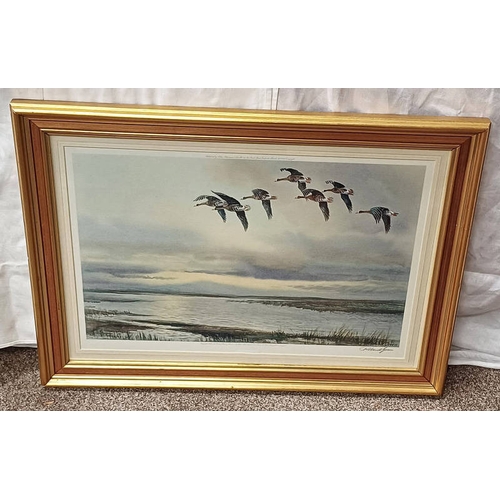 1038 - ROLAND GREEN,  WHITE FRONTED GEESE SIGNED IN PENCIL, LABEL TO REVERSE GILT FRAMED PRINT 37 X 55 CM