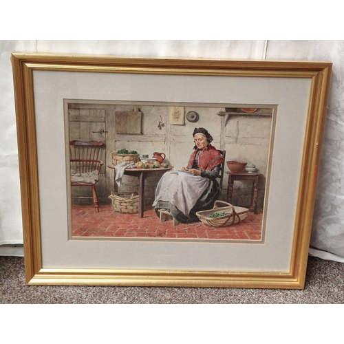 1040 - HENRY TOZER,  PEELING FRUIT & VEGETABLES SIGNED GILT FRAMED WATERCOLOUR 23 X 32 CM