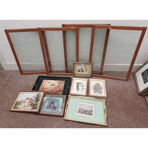 1041 - 4 WOODEN PICTURE FRAMES, TOGETHER WITH SERVING TRAYS, PRINTS, ETC