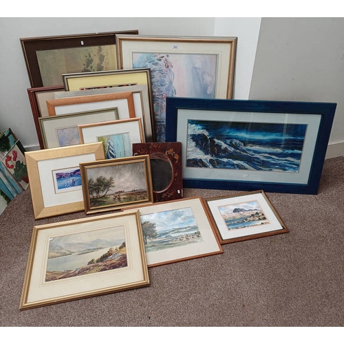 1043 - LARGE SELECTION OF WATERCOLOURS, PRINTS ETC TO INCLUDE ; CHRIS SILVER, MEN FISHING AND OTHER SCENES,... 