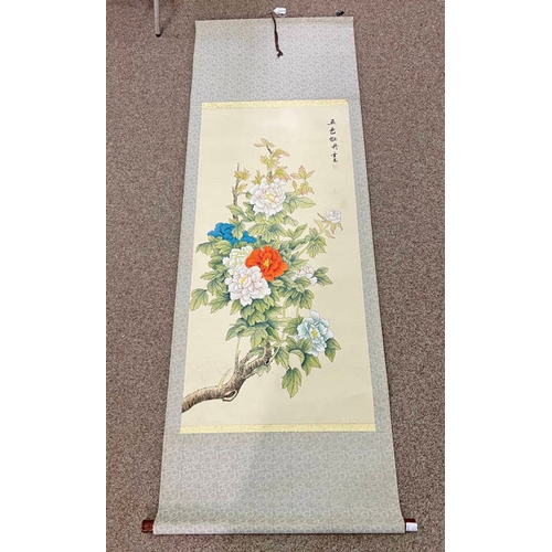 1044 - CHINESE SCROLL DECORATED WITH FLOWERING PEONY BRANCH 175 X 67CM