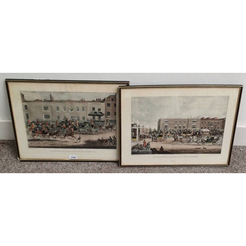 1046 - PAIR OF FRAMED HAND COLOURED AQUATINTS AFTER POLLARD - THE ELEPHANT & CASTLE ON BRIGHTON ROAD & NORT... 