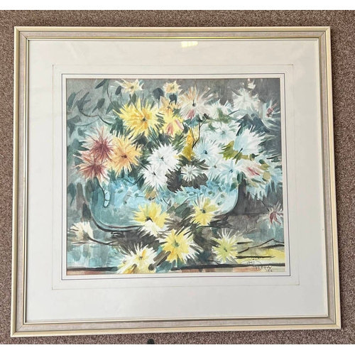 1048 - CHRIS MURRAY,  CHRYSANTHEMUMS ,  SIGNED, LABEL TO REVERSE FRAMED WATERCOLOUR 49 X 54 CM