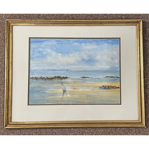 1050 - GILT FRAMED OIL ON CANVAS OF A FIGURE ON BEACH, UNSIGNED, 35 X 48 CM