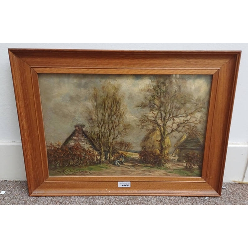 1068 - J C GRAY  FIGURES ON FARM YARD  SIGNED  FRAMED OIL ON CANVAS  29 CM X 45 CM