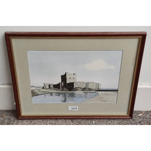 1075 - MARGARET MCKEE 'COASTAL CASTLE' SIGNED FRAMED WATERCOLOUR AND INK 23CM X 33 CM