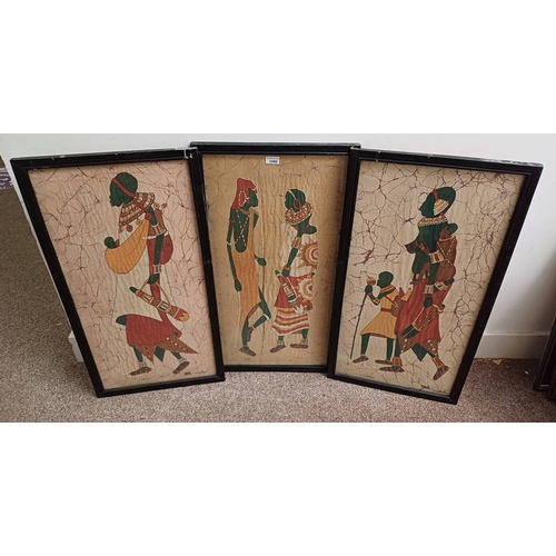 1080 - 3 FRAMED PICTURES OF TRIBAL FIGURES, SIGNED INDISTINCTLY, 82 CM X 40 CM EACH