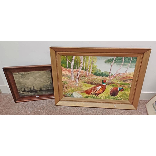 1126Q - GORDON WRIGHT, PHEASANTS, SIGNED, GILT FRAMED ACRYLIC ON BOARD, 59 X 89 CM, & A FRAMED PRINT, AFTER ... 