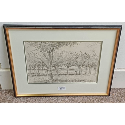 1127 - WILLIAM LAMB 'VIEW OF DISTANT MONTROSE' UNSIGNED FRAMED PEN/PENCIL DRAWING 23 CM X 33 CM