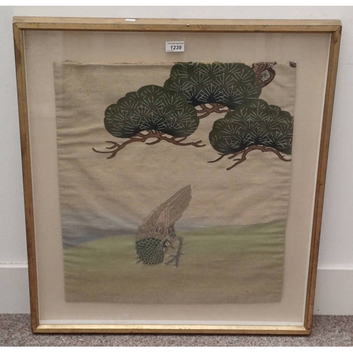 1239 - FRAMED NEEDLEWORK PICTURE OF A PEACOCK UNDER A TREE, 57 CM X 50 CM