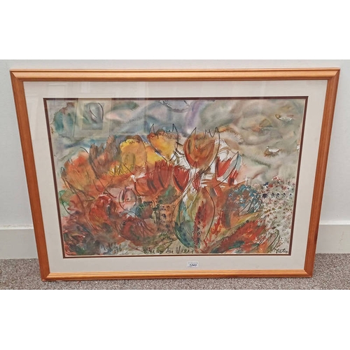 1243 - PETER VAN DER VEER TULIPS SIGNED FRAMED WATERCOLOUR & CHALK 51 X 71 CM