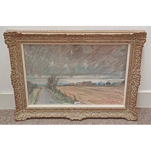 1248 - CHARLES HARRIS RAIN OVER SCONE SIGNED, LABEL TO REVERSE GILT FRAMED PASTEL 42 X 61 CM