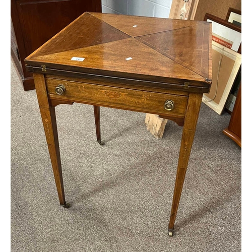 142 - LATE 19TH CENTURY INLAID MAHOGANY ENVELOPE GAMES TABLE WITH SINGLE DRAWER ON SQUARE TAPERED SUPPORTS... 